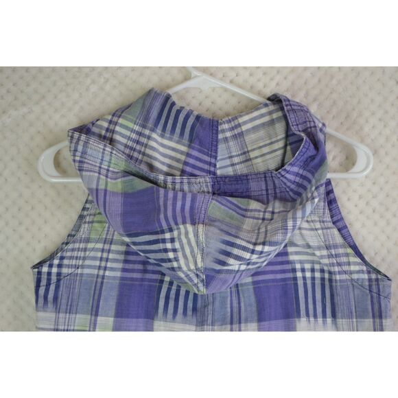 Guess Women's Small Purple Plaid Sleeveless Hooded Button Down Shirt - Picture 5 of 12